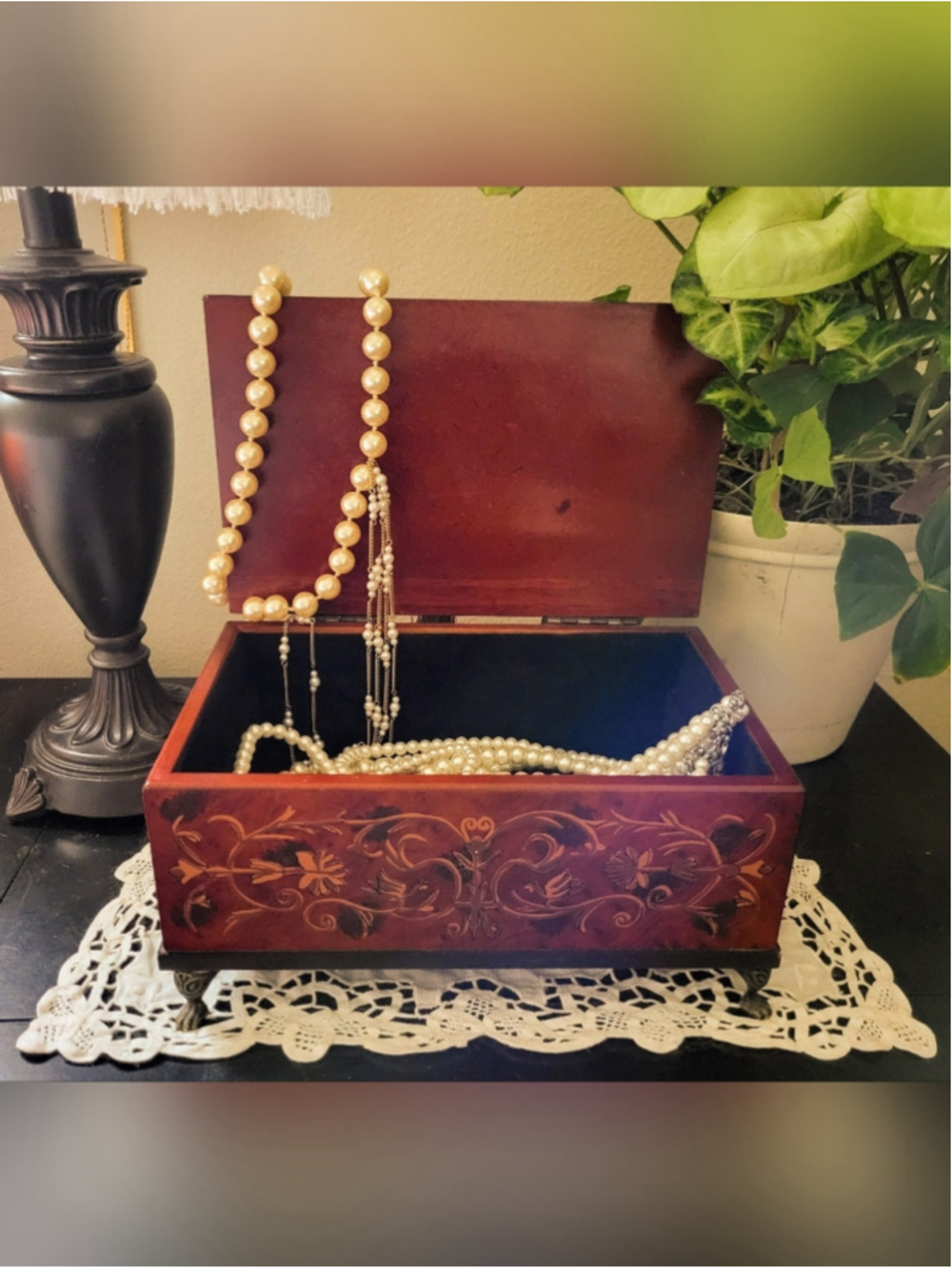 Vintage Hand-Painted Wood Box with Claw Feet & Sage Tassel